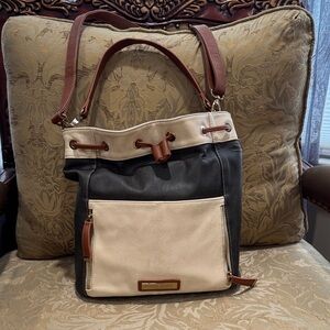 Kelly Moore Two-Tone Black & Cream Pebbled Shoulder Bag with Brown Trim